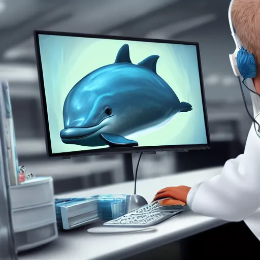 Image similar to An anthropomorphic grey dolphin in a white lab-coat playing games on a computer, digital painting, close-up, wearing a headset