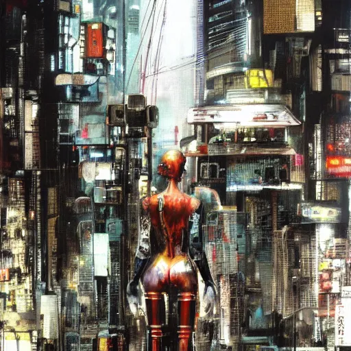 Image similar to a full-metal neon robot sobs when seeing the devastation of cyberpunk Santiago of Chile, oil on canvas by Yoji Shinkawa and Dave McKean