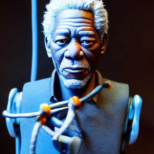 Prompt: animatronic Morgan Freeman, exposed wires, photo, Stan Winston studios, detailed, 4k