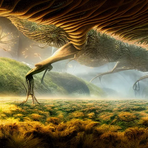 Image similar to panorama,bio-inspired design,neri oxman,alien nature,organic growth, panoramic,boris vallejo,luis royo,michael whelan,photorealistic,unreal engine 5,octane render,detailed