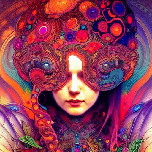 Image similar to An extremely colorful psychedelic experience, warping time and space, magic mushrooms, psilocybin, LSD, face, detailed, intricate, elegant, highly detailed, digital painting, artstation, concept art, smooth, sharp focus, illustration, art by Krenz Cushart and Artem Demura and alphonse mucha