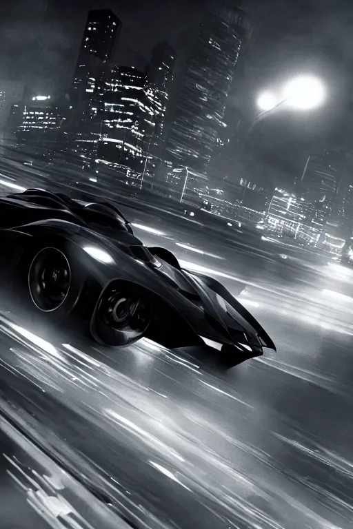 Image similar to the batmobile driving through gotham city at night. fluorescent light. pov from behind the wheel. octane render. 8 k. monochrome. black and white. mist. atmospheric. cinematic. hdr, raytracing, global illumination. a matte painting by ash thorp.