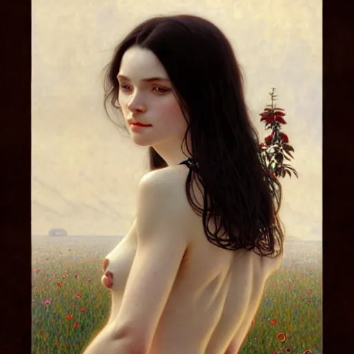 Image similar to Portrait of a beautiful, pale skin, female with long black hair, dark brown eyes, gentle smiling expression, elegant clothing, photorealistic, highly detailed, artstation, smooth, sharp focus, art by Klimt, artgerm, Greg Rutkowski and Alphonse Mucha