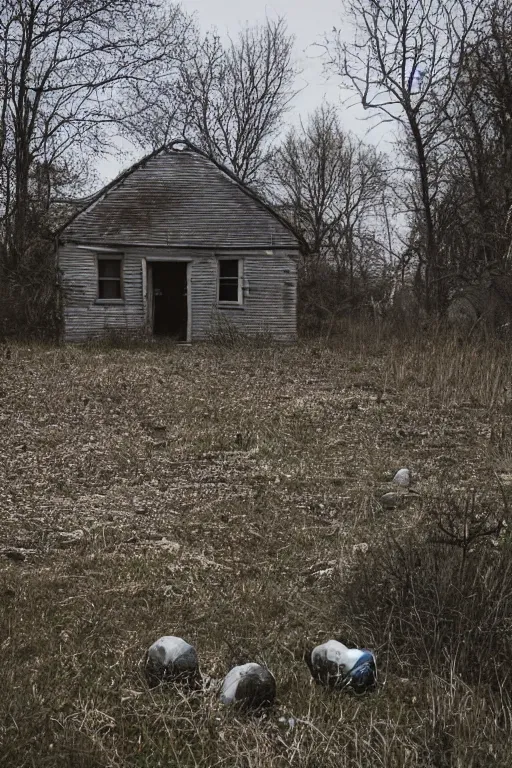 Prompt: orbs of light surround an abandoned cottage