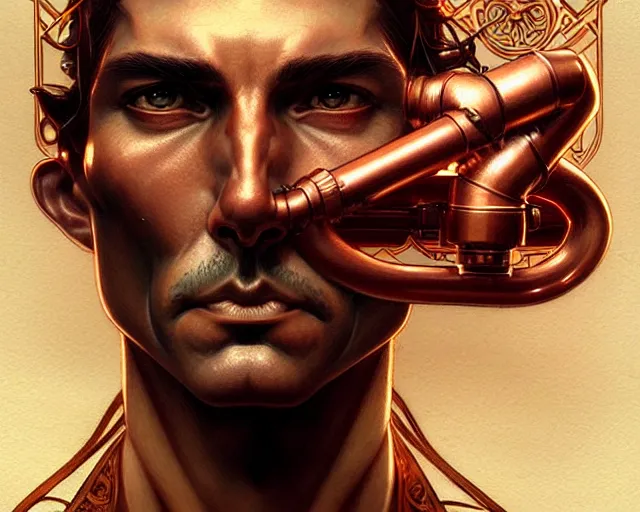 Image similar to A man with mechanical eyes, art nouveau, fantasy, intricate copper pipe designs, elegant, highly detailed, sharp focus, art by Artgerm and Greg Rutkowski and WLOP