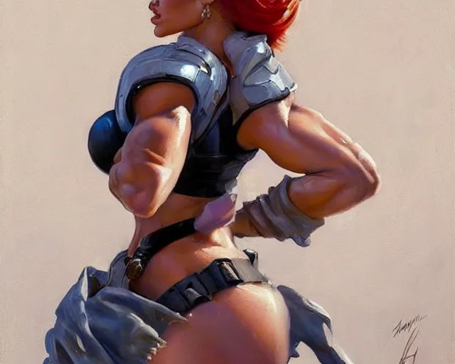 Image similar to greg manchess portrait painting of angelina jolie as beautiful thick female bodybuilder zarya from overwatch, medium shot, asymmetrical, profile picture, organic painting, sunny day, matte painting, bold shapes, hard edges, street art, trending on artstation, by huang guangjian and gil elvgren and sachin teng