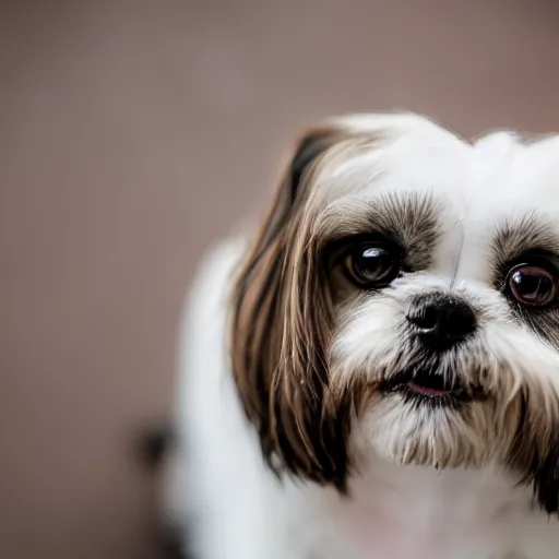 Prompt: shih tzu, dog mixed with a tabby cat, cat lying down and smiling at the camera, high definition detail, 8 k, photography