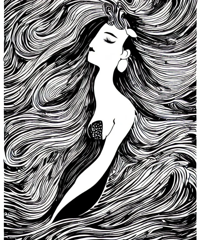 Image similar to black and white illustration, creative design, beautiful mermaid in swirling water