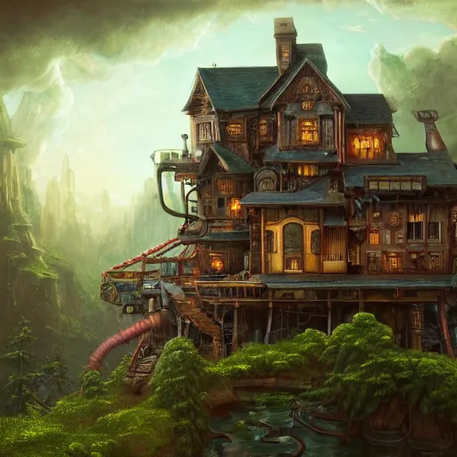 Prompt: a house with huge mechanical legs, Baba Yaga, cinematic angle, studio Ghibli and Thomas Cole, volumetric lighting, steampunk, housepunk,, bold, beautiful composition, intricate, elegant, digital art, detailed oil painting, hyperrealistic, sharp focus, 8k