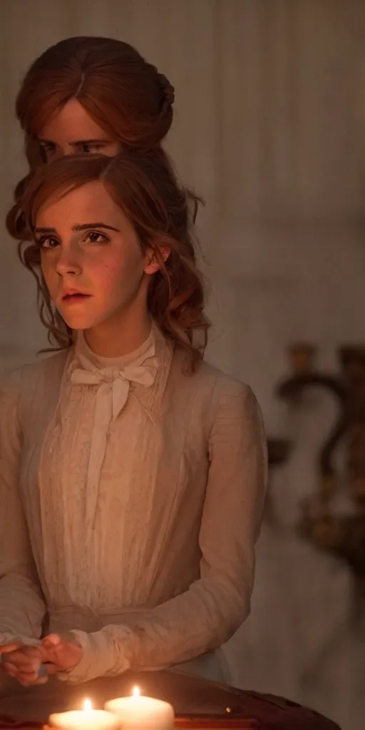 Image similar to Emma Watson as Hermione Granger in Kubrick's Barry Lyndon, natural candle lighting, movie still