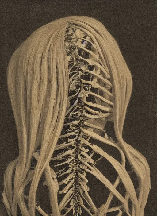 Image similar to the back of a woman’s head, made of leaf skeleton, in the style of the Dutch masters and Gregory Crewdson, dark and moody