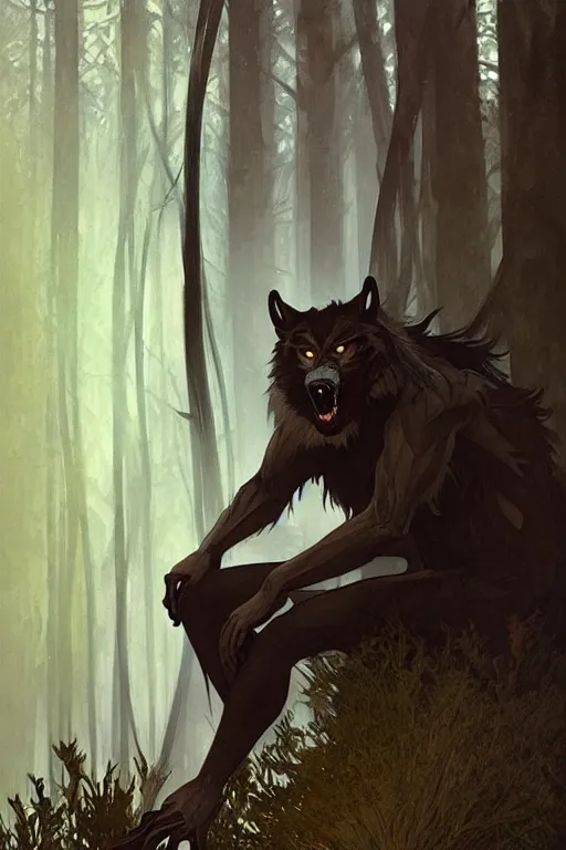 Image similar to fullbody portrait of a male werewolf, bared teeth, long claws, by greg rutkowski and alphonse mucha, gradient brown to silver, in front of a forest at night background, highly detailed portrait, digital painting, artstation, concept art, smooth, sharp focus illustration