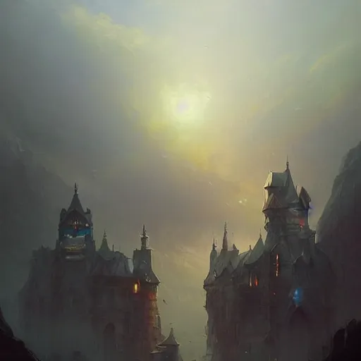 Image similar to ''cinematic shot'' a dwarf castle cyberpunk style sci - fi art syle realistic atmosferic cloudy made by ivan aivazovsky, peter mohrbacher, greg rutkowski volumetric light effect broad light oil painting painting fantasy art style sci - fi art style realism premium prints available artwork unreal engine