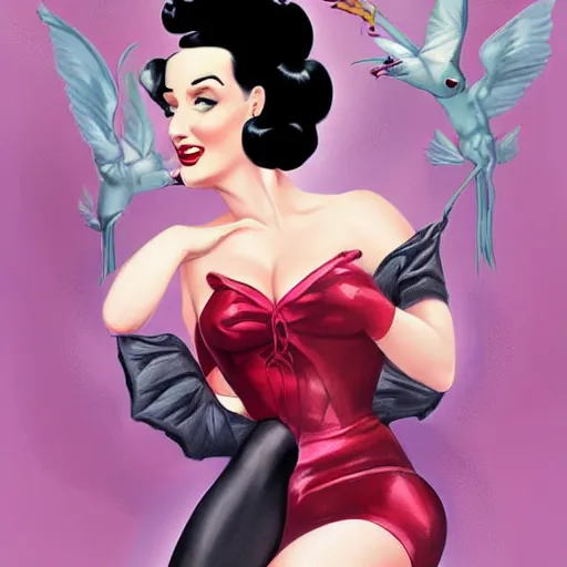 Image similar to a pinup illustration of dita von teese in the style of anna dittmann and in the style of alex ross.