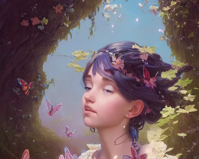 Prompt: highly detailed portrait of a cute fairy girl with butterfly wings, unreal engine, fantasy art by greg rutkowski, loish, rhads, ferdinand knab, makoto shinkai and lois van baarle, ilya kuvshinov, rossdraws, tom bagshaw, alphonse mucha, global illumination, radiant light, detailed and intricate environment