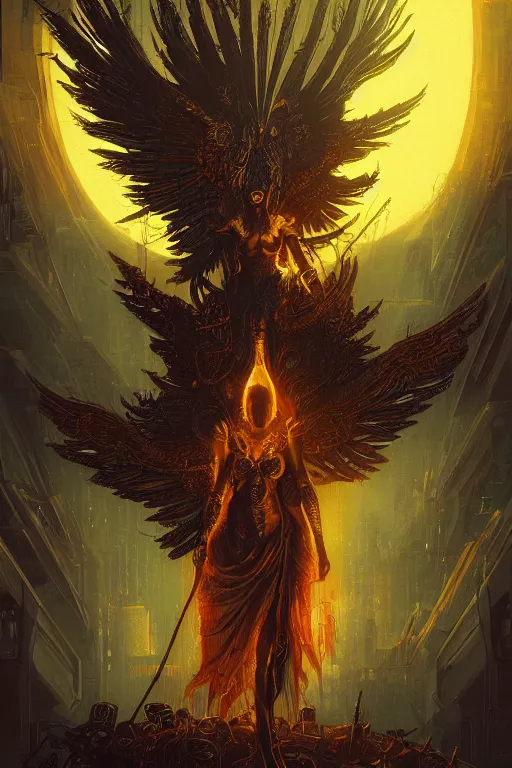 Image similar to a beautiful tarot card artwork of a cyberpunk fallen dark seraphim, horror, backlit, gloomy sky, highly detailed, digital painting, intricate golden threads, by eddie mendoza and greg rutkowski and dan mumford and artgerm, vivid colors, detailed shading, 8 k resolution, intricate, smooth