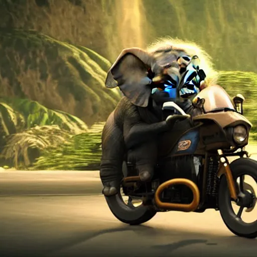 Image similar to elephant yoda riding a motorcycle in the movie born to be wild, cinematic sureal 3d 8k