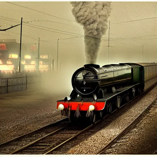 Prompt: a hyperdetailed photograph of the flying scotsman on the rails producing lots of black smoke in an old timey city, night, dense fog, rain, hd, 8 k resolution by greg rutowski, stanley artgerm, alphonse mucha
