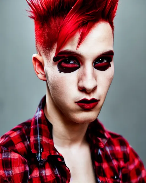 Image similar to young man with a short red dyed mohawk, red eyes and a slim face, dressed in punk clothing, headshot, attractive, handsome, in color, no makeup, model, realism art