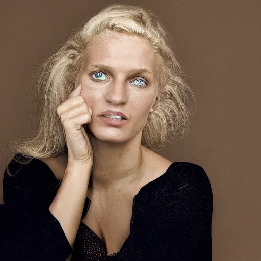 Prompt: photograph by annie leibovitz of olive skinned blonde female in her thirties wearing designer clothes