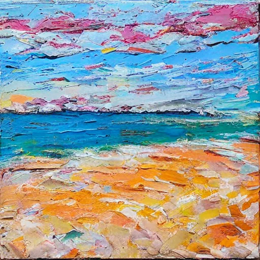 Image similar to a beach in western australia, modern, impressionist, highly textured landscape, palette knife, layered, sculptured, dynamic, acrylic paint on canvas
