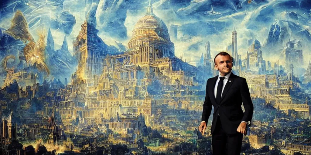 Image similar to emanuel macron hacking his way to illuminati council, freemason, epic, esoteric, matte painting, ultra detailled