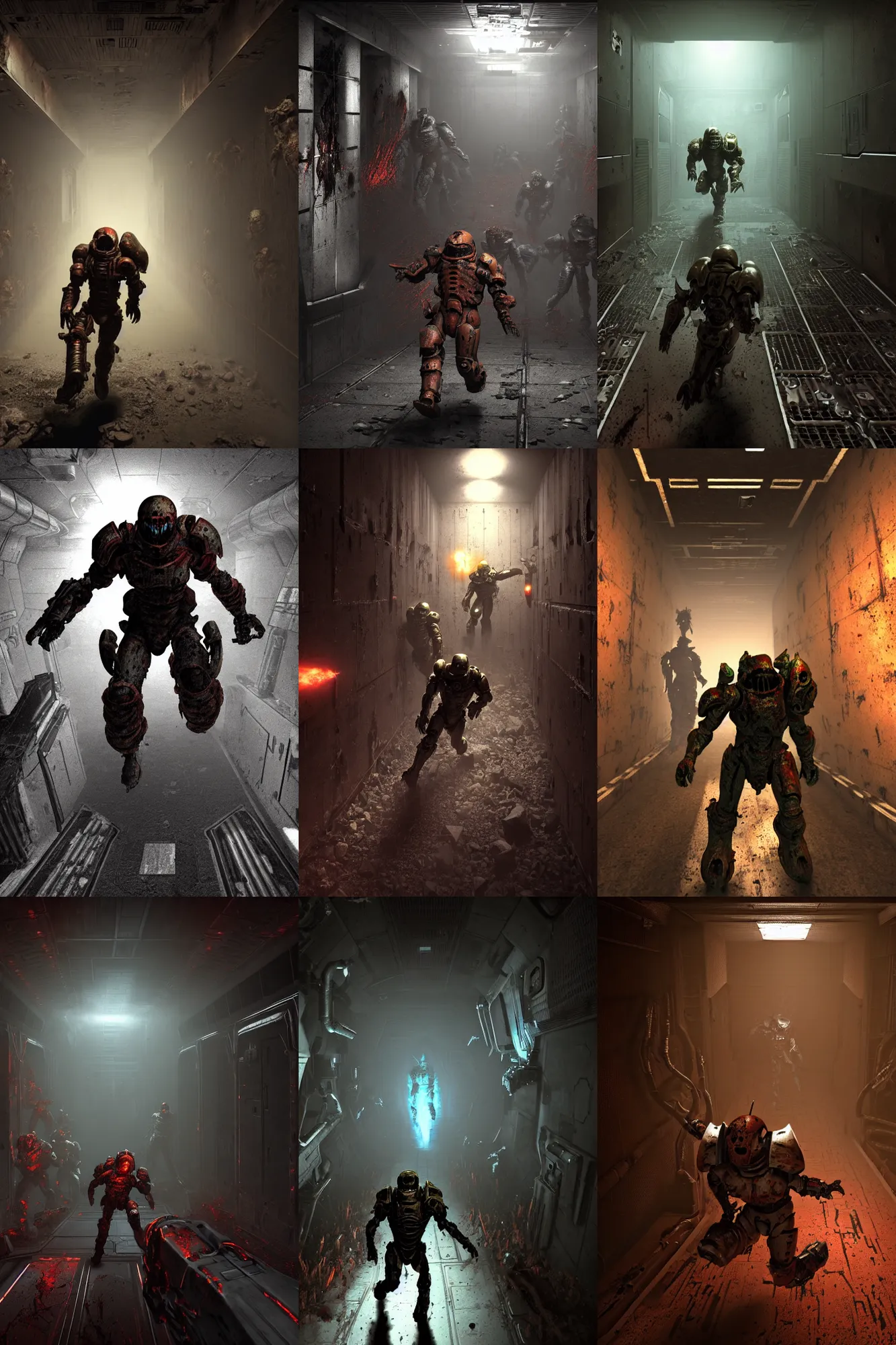 Prompt: horror movie scene of an individual in doomslayer armor being chased down a hallway, running through a desolate deep space mining station, rusty metal walls, broken pipes, dark colors, muted colors, tense atmosphere, mist floats in the air, amazing value control, dead space, moody colors, dramatic lighting, ussg ishimura, frank frazetta
