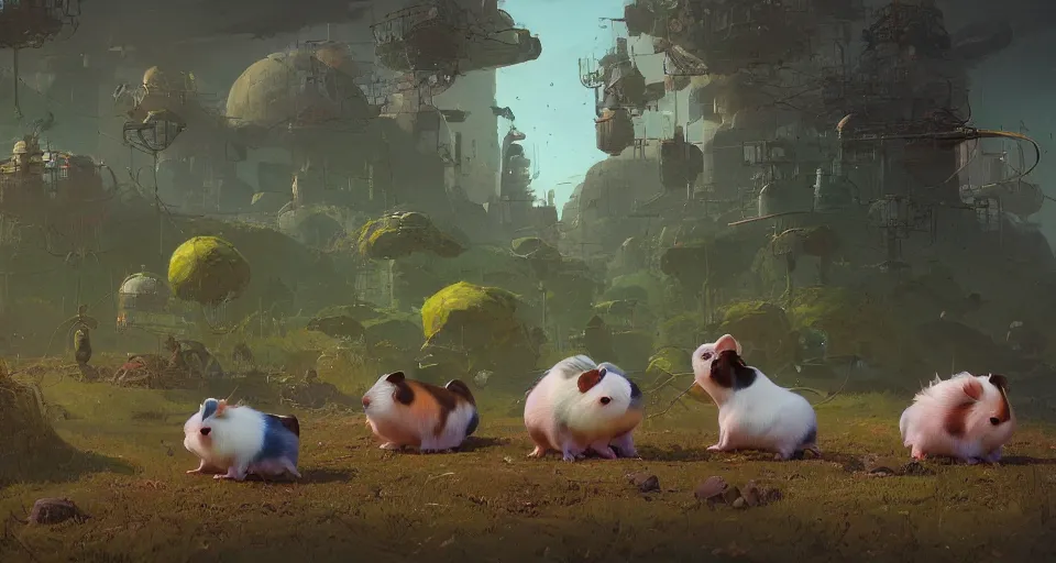 Image similar to a realistic cute guineapigs everywhere, by simon stalenhag, frank frazetta, greg rutkowski, beeple, yoko taro, christian macnevin, beeple, epic fantasy character art, volumetric outdoor lighting, midday, high fantasy, cgsociety, cheerful colours, full length, exquisite detail, post - processing, masterpiece, cinematic