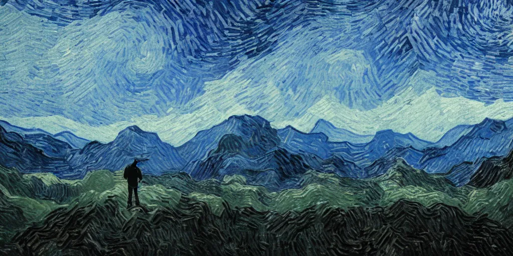 Prompt: landscape, layers, mountain ranges, dark sky, night, Van Gogh, atmospheric, cinematic, photographic, artstation, digital art, small man center standing on mountain, valley mist, fog, hazy, glow
