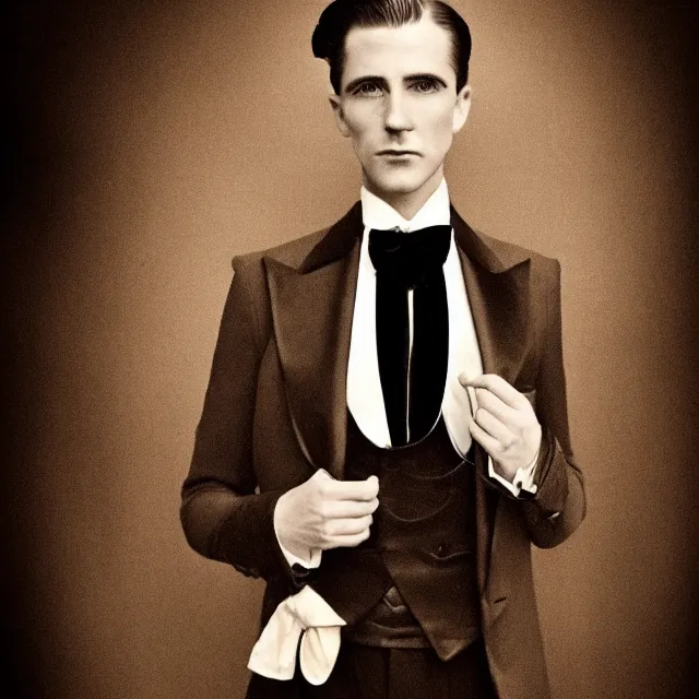 Prompt: ultrarealistic sepia portrait of a 1 9 2 0 s era male magician, well dressed, slicked - back hair, long - tailed tuxedo coat, black bow tie, atmospheric lighting, dark, brooding, painted, intricate, ultra detailed, well composed, best on artstation, cgsociety, epic, stunning, gorgeous, intricate detail, much wow, masterpiece