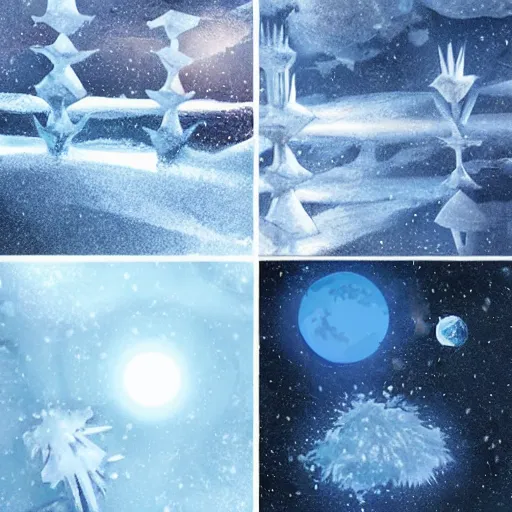 Image similar to concept art of a snow covered planet, snowstorm, ice, ice spikes, planet, space, concept art