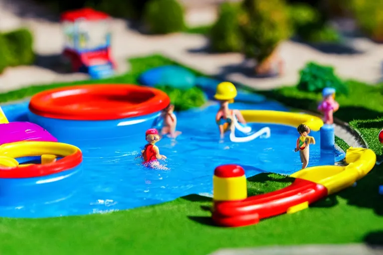 Image similar to fisher price public pool, california, in 2 0 1 5, sharp focus, scene from tv show hyper detailed 5 5 mm 8 5 mm, toy photography, made out of plastic