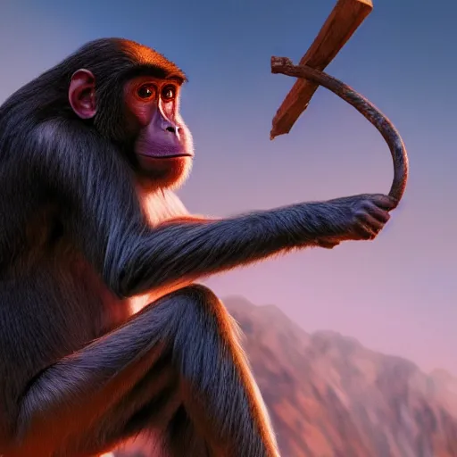 Image similar to a monkey throwing a bone to the air , dramatic lighting, cinematic, establishing shot, extremly high detail, photorealistic, cinematic lighting, artstation, style by James Gurney