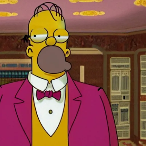 Prompt: homer simpson in the grand budapest hotel ( 2 0 1 4 )