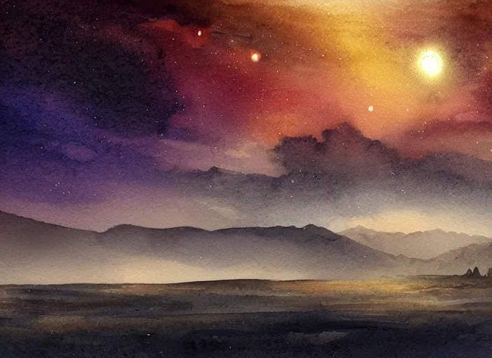 Image similar to beautiful watercolour landscape, wide vista. a barren alien world. dramatic lighting. starscape. science fiction art. painterly. digital painting. dramatic