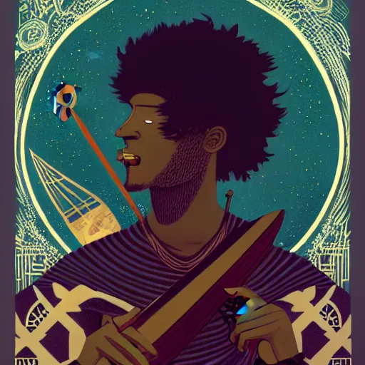 Prompt: dark - skinned male knight lute player playing the lute, victo ngai, kilian eng, lois van baarle, bald, white background