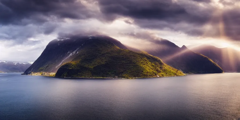 Image similar to a beautiful view of the fjords by the sea. atmosphere, god rays, golden hour, cinematic