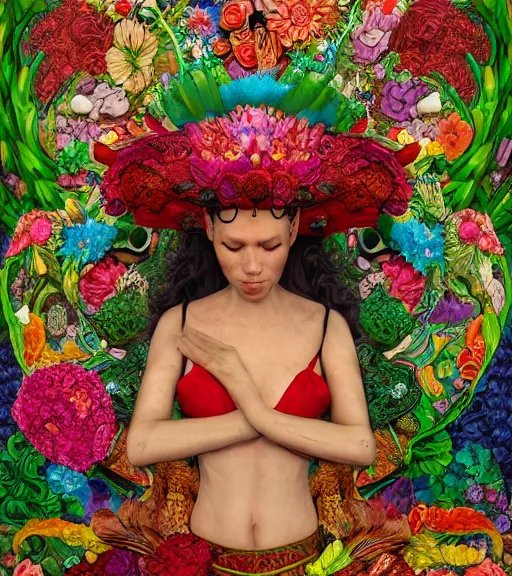 Image similar to portrait of quetzalcoatl, surrounded by flowers, by nan goldin, moebius, katsuhiro otomo, rococo, trending on artstation, muted lighting, hyper realism, octane render, 8 k, hyper detailed, ink by dave gibbons