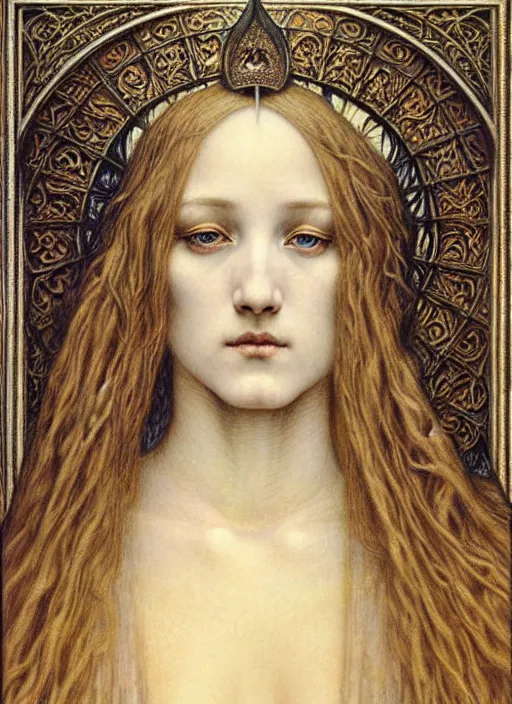 Image similar to detailed realistic beautiful young medieval queen face portrait by jean delville, gustave dore and marco mazzoni, art nouveau, symbolist, visionary, gothic, pre - raphaelite. horizontal symmetry