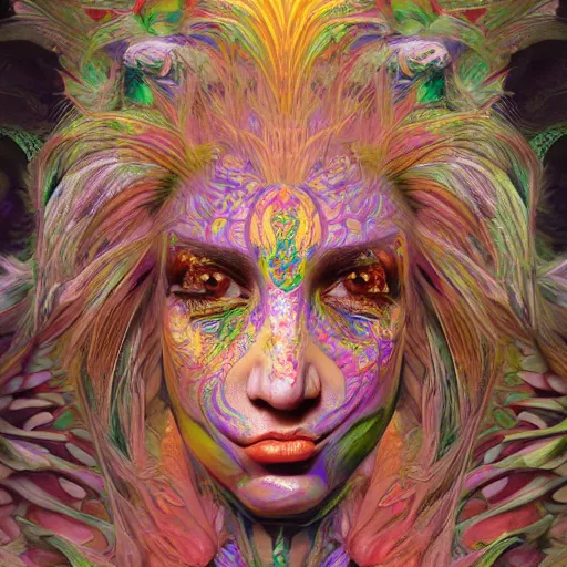 Image similar to A reality bending psychedelic ayahuasca experience, colorful, face painting, distorted, surreal, tropical bird feathers, dramatic lighting on the face, intricate, elegant, highly detailed, digital painting, concept art, smooth, sharp focus, illustration, art by Krenz Cushart and Wayne Barlowe and alphonse mucha