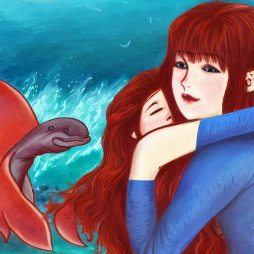 Prompt: a portrait of a red headed young woman hugging a dolphin in a scenic environment, by Kawacy