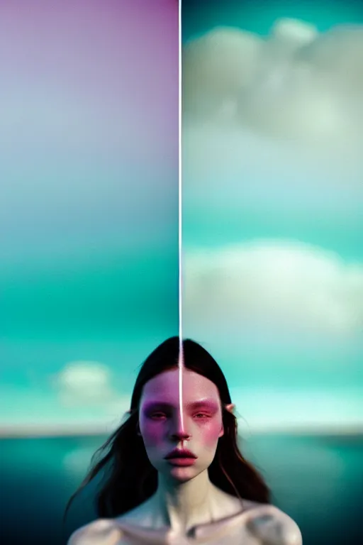 Image similar to high quality pastel coloured film close up wide angle photograph of a model wearing clothing swimming on cloud furniture in a icelandic black rock!! environment in a partially haze filled dreamstate world. three point light, rainbow. photographic production. art directed. pastel colours. volumetric clouds. pastel gradient overlay. waves glitch artefacts. extreme facial clarity. 8 k. filmic.