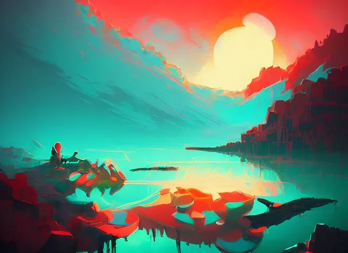 Image similar to here we are, stuck by this river, you and i, underneath a sky that's ever falling down, art by anton fadeev and anato finnstark