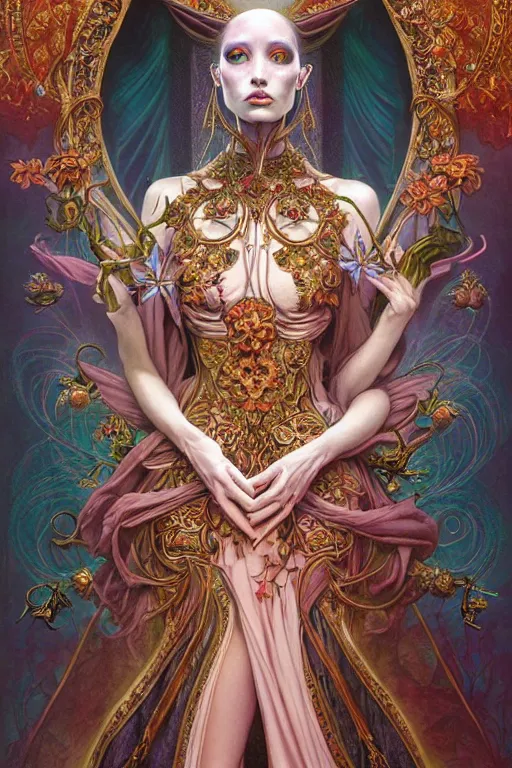 Prompt: symmetrical painting, a fullbody portrait of an beautiful female immortal in amazing dress, pretty, perfect face, elegant, ornate, luxury, elite, matte painting, by artgrem, by james jean, by brian froud, by wayne barlowe