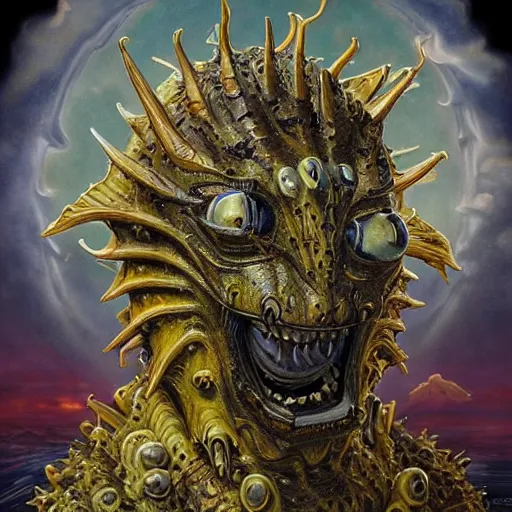 Image similar to portrait of hybrid between spongebob and godzilla made with porcelain by Jeff Easley and Peter Elson + beautiful eyes, beautiful face + symmetry face + border and embellishments inspiried by alphonse mucha, fractals in the background, galaxy + baroque, gothic, surreal + highly detailed, intricate complexity, epic composition, magical atmosphere + masterpiece, award winning + trending on artstation