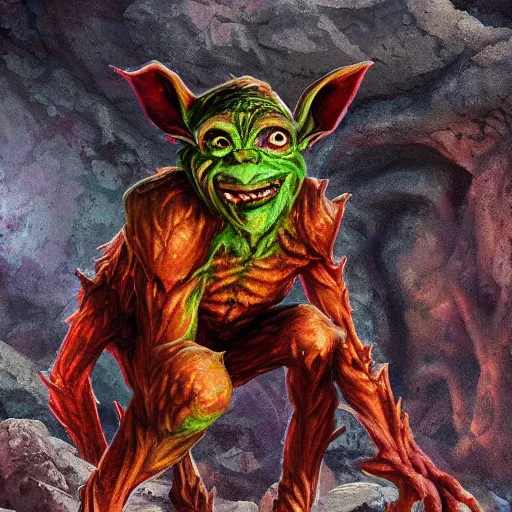 Prompt: a goblin made out of rocks, with glowing red eyes, in a cave, like magic the gathering, by christopher rush, hd, digital art