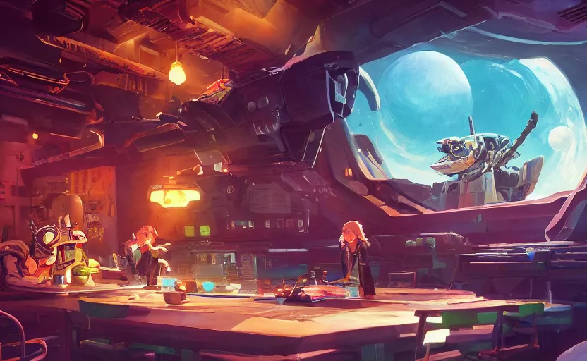 Image similar to a bounty hunter bar in a space opera studio ghibli animated film, global illumination, beautiful composition, volumetric lighting, octane render by artgerm, loish, alena aenami, highly detailed