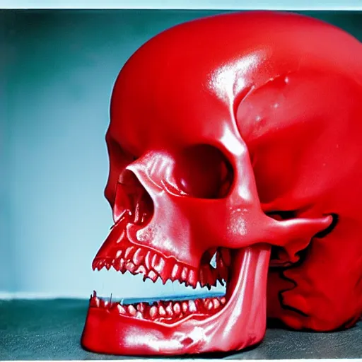 Image similar to turbulent red liquid inside in a transparent skull by akira toriyama