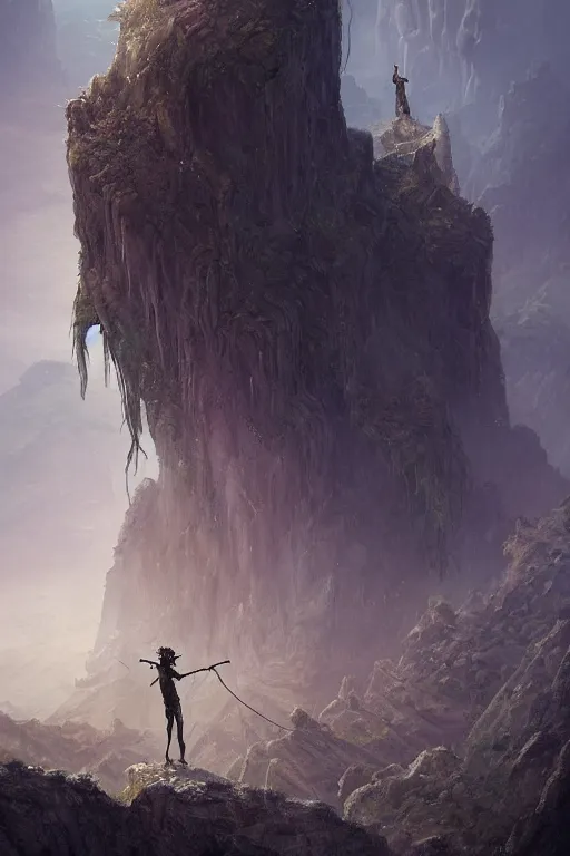 Image similar to profile view, a necromancer on a cliff with a staff casts a spell that reveals the secret of life the universe and everything, dirty linen robes, staff of bones, grizzled bearded withered man by jessica rossier and hr giger