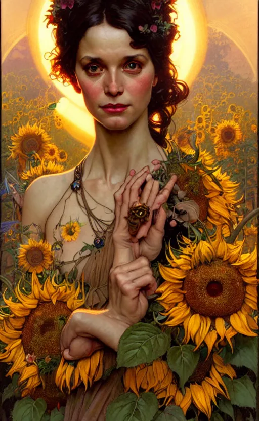 Image similar to magic gorgeous goddess portrait, sorrounded by sunflowers lighting by weta studio, mucha, bautista and norman rockwell and greg rutkowski and tom bagshaw and james gurney and lucasfilm